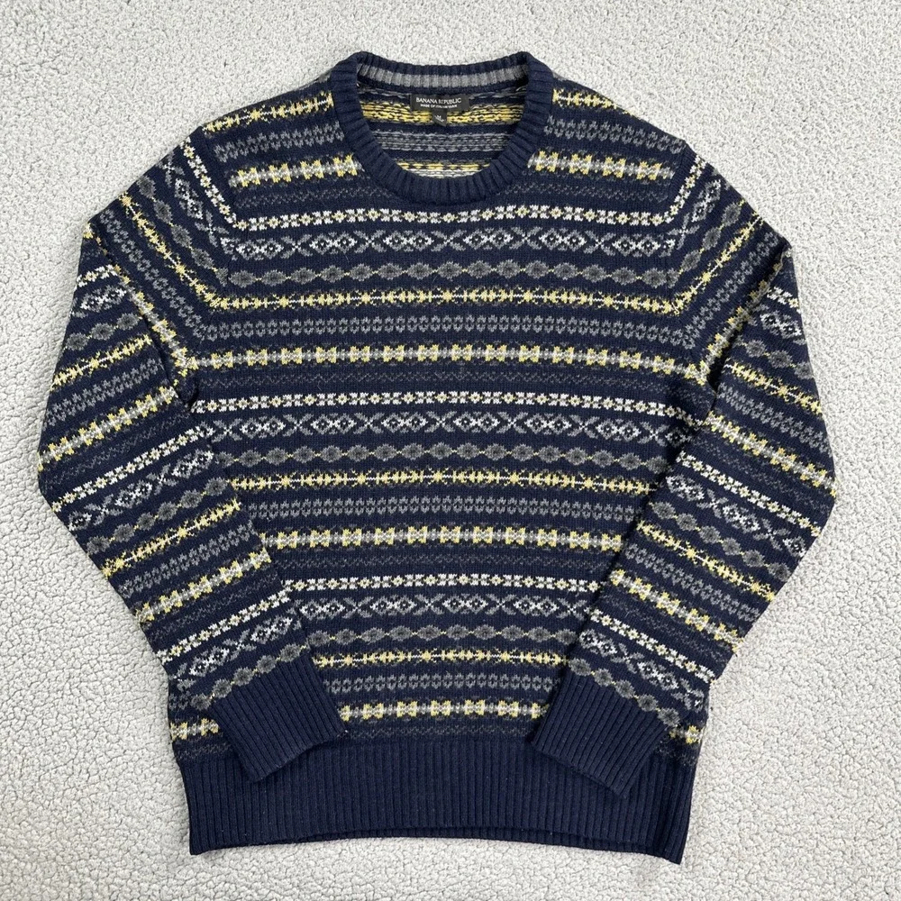 Banana Republic Sweater Men Medium Blue Fair Isle Striped Italian Yarn Wool